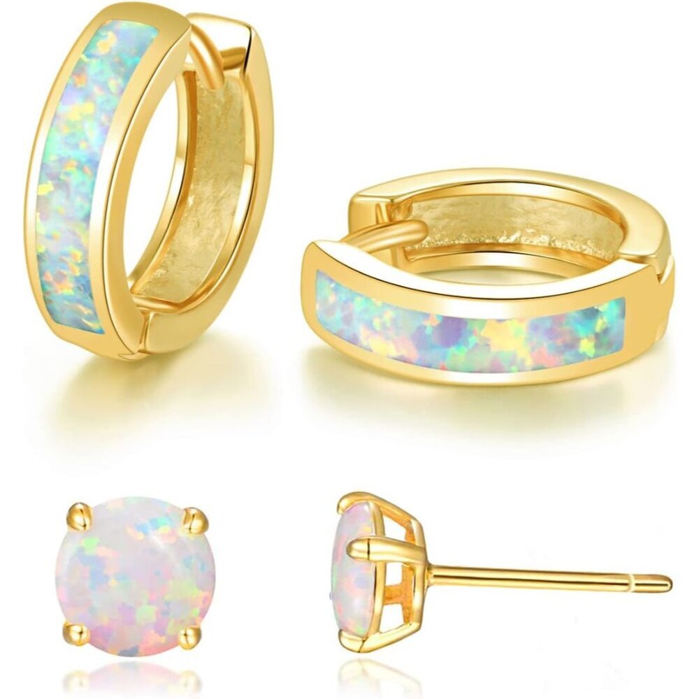 Huggie Earrings Opal Hinged Hoop Earrings Gold Plated Hypoallergenic Small Hoop